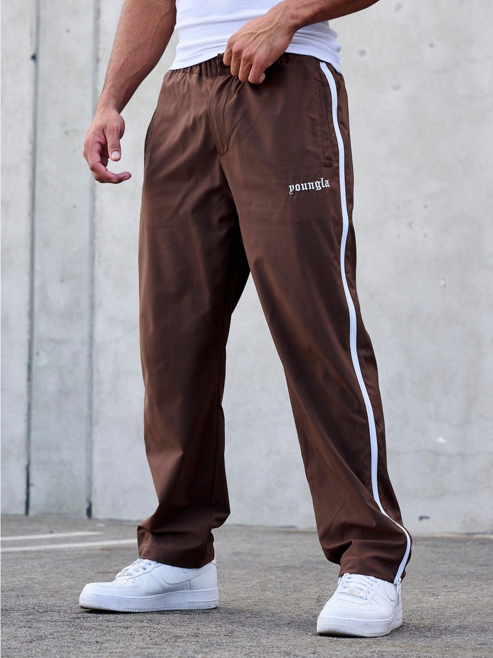 YoungLA Full Zide Zip Jogger Trac Pants Men's Brown White Lt Weight Size Medium
